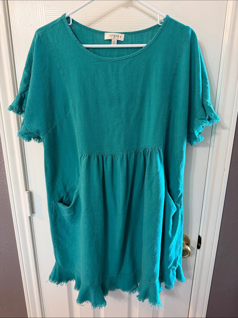 Umgee Teal Linen Blend Fringe Short Dress with Pockets Size XL.